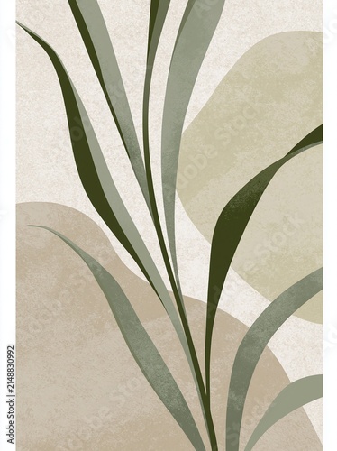 Abstract botanical illustration featuring tall green leaves against textured beige and olive shapes in a minimalist style