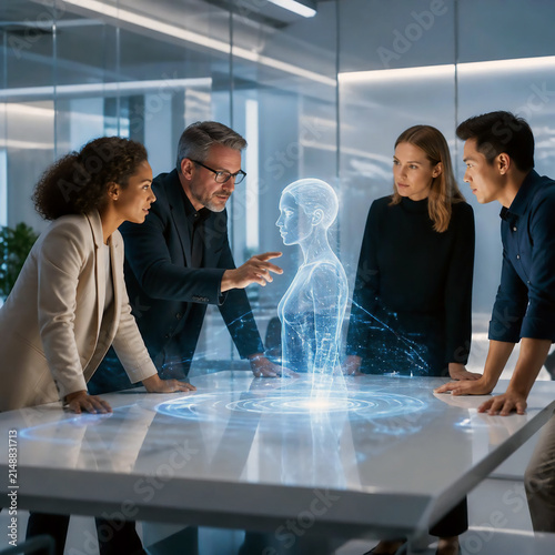 a diverse professional team interacting with an advanced artificial intelligence holographic interface inside a modern minimalist technology workspace