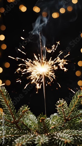 Burning Sparkler With Bright Golden Sparks and Smoke Against a Festive Christmas Tree Background