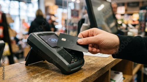 Customer making contactless payment with a credit card at a retail store checkout counter