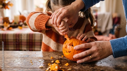 Parent and child carving a pumpkin together for Halloween on a wooden table with autumn decorations