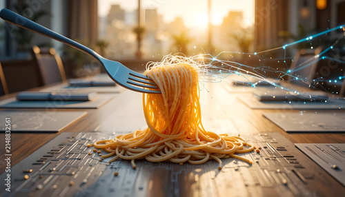 Futuristic Spaghetti Pasta on Circuit Board with Digital Tech Lights