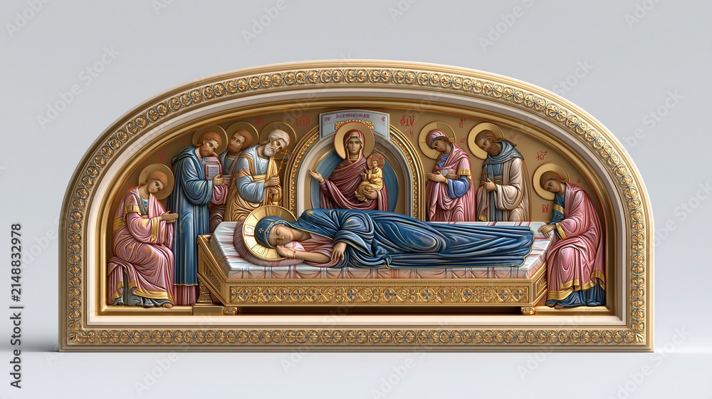 Fototapeta premium Ornate Byzantine Orthodox Icon Relief Carving Depicting the Dormition of the Virgin Mary with Mourning Disciples