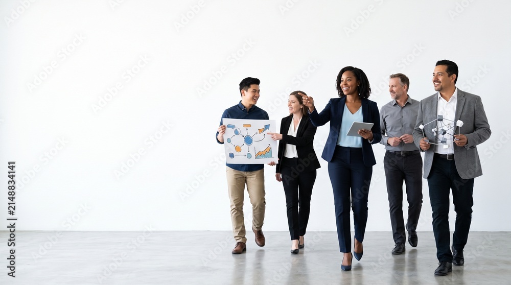 Obraz premium Diverse business team walks together presenting a flowchart and a molecular model in a modern office space
