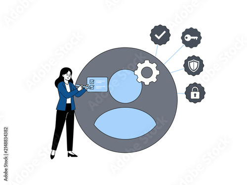 Flat vector illustration of an administrator assigning user permissions with verification badges, representing access control, identity management, authentication, and secure account administration.