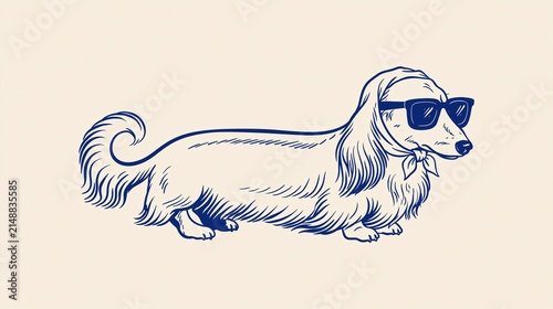 Whimsical Long-Haired Dachshund Dog Wearing Sunglasses and Scarf, Stylized Line Art Illustration