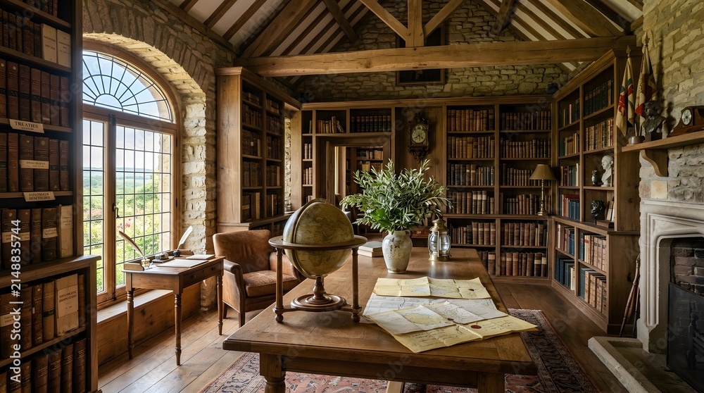 Fototapeta premium Historic Stone Library with Arched Window, Globe, and Extensive Book Collection