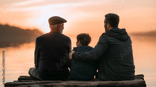 Family sitting on wooden pier watching sunset over calm lake with mountain silhouette