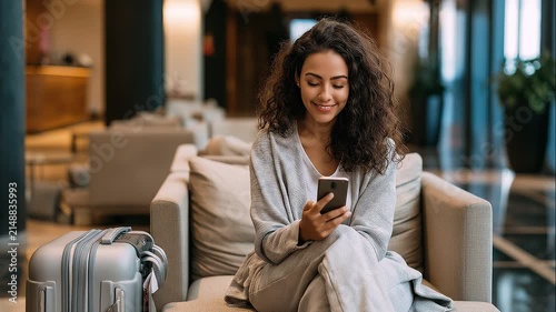A happy young woman relaxing in a modern hotel lobby while using her smartphone, with a suitcase beside her. 