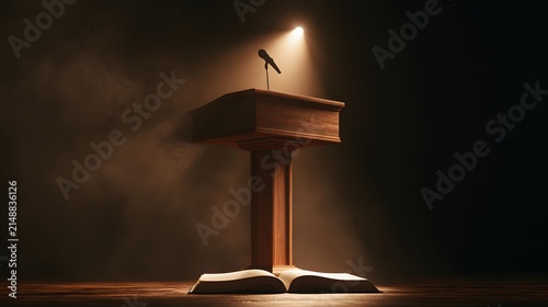 Podium with microphone and open book illuminated by spotlight on dark smoky stage