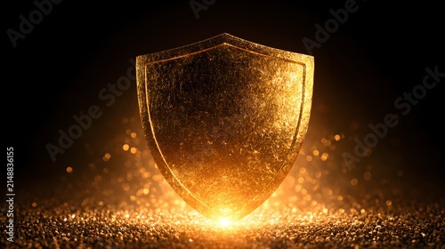 Shield glowing with golden light particles on dark grunge background