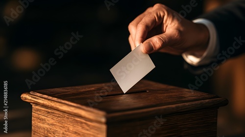 Voter hand putting white ballot into wooden election box with dramatic dark