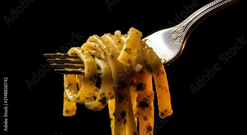 Delicious creamy pasta on a fork against a dark background.
