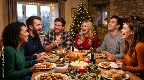 Friends and Family Enjoying a Festive Christmas Dinner Together Around a Decorated Table