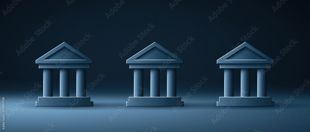 Fototapeta premium Three blue neoclassical bank building icons with columns and pediments arranged in a row against a dark gradient background