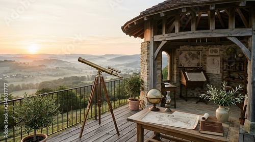 Vintage telescope on a wooden terrace overlooking a misty sunrise landscape