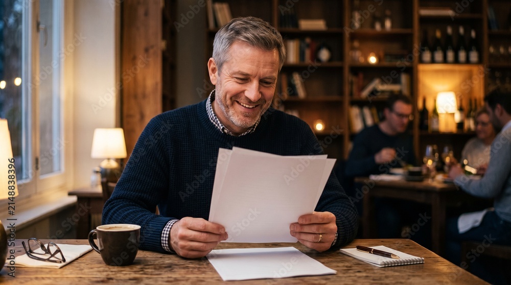 Fototapeta premium Smiling middle aged man reading documents at a table in a cozy restaurant with blurred background