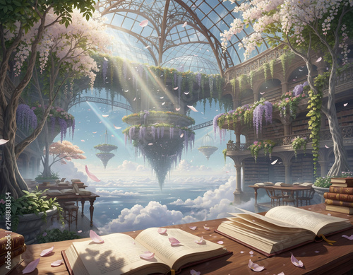 空に綺麗な庭園のような図書館がある風景