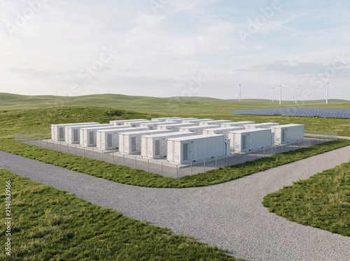 Grid-scale battery energy storage system installation under a bright sky, with rolling green hills and wind turbines in the distance.