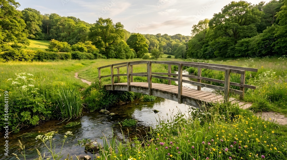 Fototapeta premium Small wooden bridge over stream in green summer forest landscape