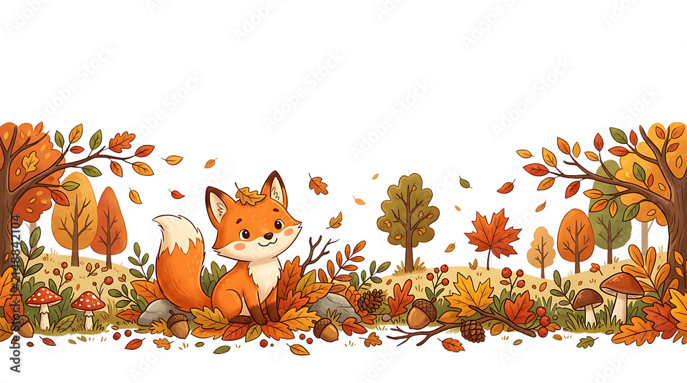 Fototapeta premium Cute cartoon fox sits in autumn foliage with colorful trees. acorns. mushrooms. and pinecones