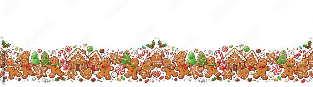 Naklejka premium Festive Christmas gingerbread border with candy canes. cookies. and festive decorations