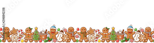 Festive Cartoon Christmas Border with Gingerbread Cookies. Snowmen. Candy Canes. and Hot Chocolate