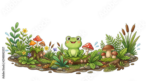 Adorable smiling frog sitting in a charming forest clearing with mushrooms and plants. watercolor