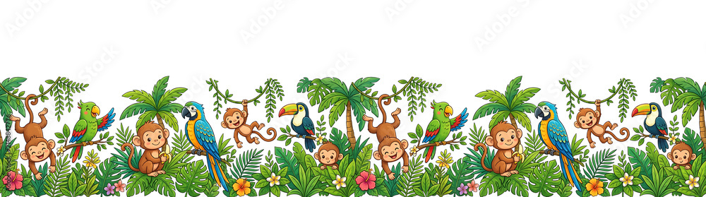 Naklejka premium Playful Monkeys. Parrots. and Toucan in a Lush Tropical Jungle Scene. Cartoon Border