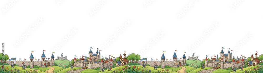 Fototapeta premium Charming Cartoon Medieval Landscape with Castles. Knights. and Flowery Hills. Border Illustration