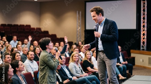 Speaker interacting with audience member asking question during presentation event