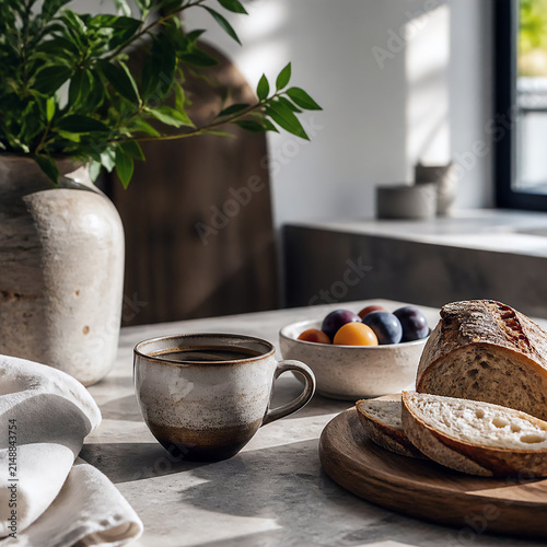 an elegant morning coffee scene in a warm minimalist kitchen, artisan ceramic coffee cup on a natural stone surface, freshly baked bread, small bowl of seasonal fruit, linen napkin, soft sunlight 