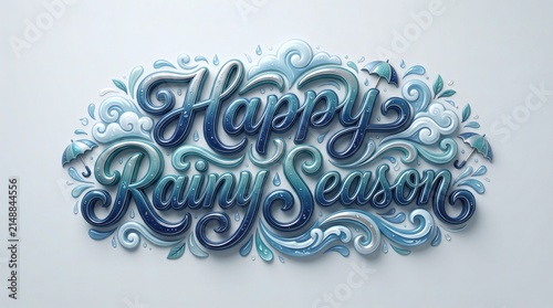 Happy Rainy Season 3D typography design with weather elements