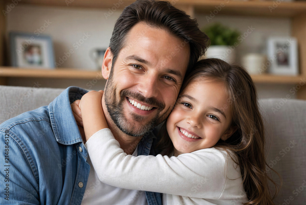 Obraz premium Loving Dad and Little Girl Embracing on Couch in Living Room