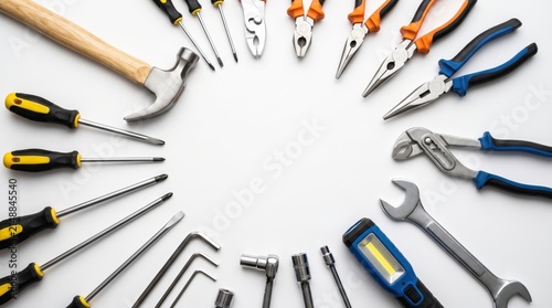 Top view set of various hand tools arranged in a circular frame with copy space isolated on a white background.