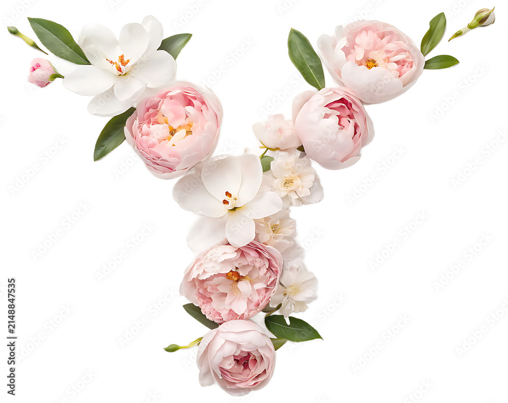 Naklejka premium High-resolution floral alphabet letter Y made of pale pink peonies and white magnolias, isolated on white background, soft romantic lighting, premium botanical composition.