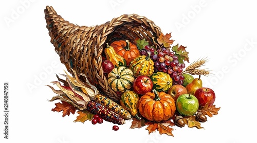 A vibrant cornucopia, a symbol of autumn's abundant harvest, overflowing with colorful pumpkins, apples, grapes, and fall foliage, perfect for Thanksgiving and seasonal themes