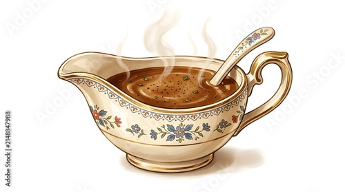 Classic vintage gravy boat filled with hot savory sauce and a matching serving spoon