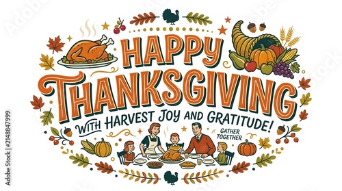 Happy Thanksgiving lettering design with autumn harvest elements and family celebration illustration