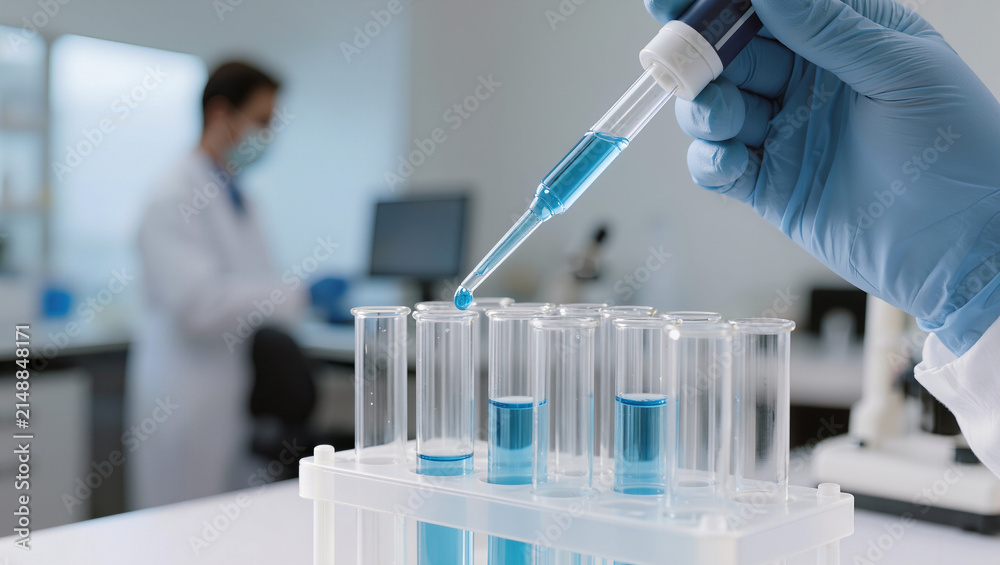 Fototapeta premium Hand in blue glove drops blue liquid into test tubes in laboratory