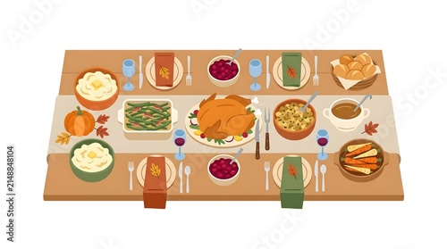 Festive Thanksgiving Dinner Table Setting with Roasted Turkey and Traditional Autumn Side Dishes Illustration