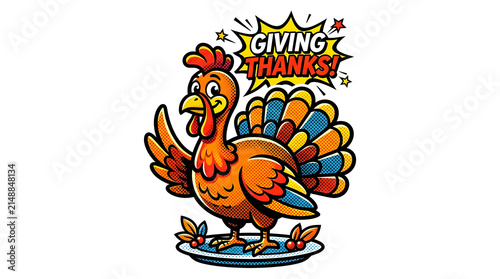 A festive cartoon turkey proudly displays its colorful feathers, ready for a Thanksgiving celebration