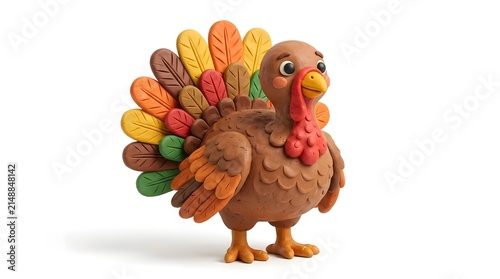 Charming Thanksgiving Turkey Sculpture, Crafted from Clay, with Colorful Feather Tail - A Festive Holiday Decoration