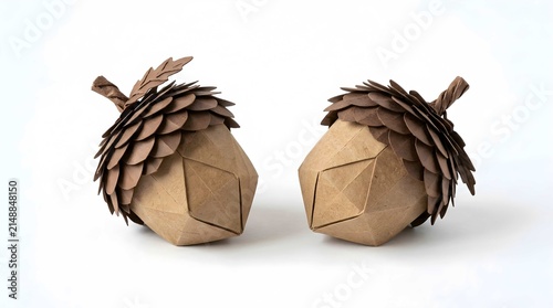 Handcrafted paper acorns isolated on a clean white background showcasing intricate origami skill and design