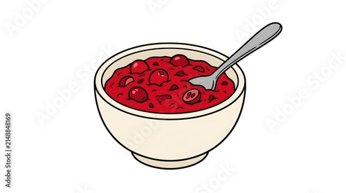 A charming illustration featuring a bowl of rich, ruby-red berry sauce, possibly cranberry compote, with a spoon, perfect as a sweet or savory accompaniment for meals