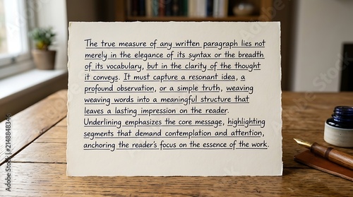 Inspirational quote card on wooden surface with plant and inkwell.