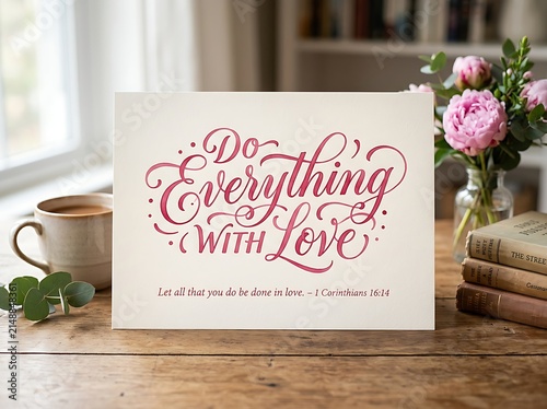 Inspirational Quote Card with Coffee and Flowers.