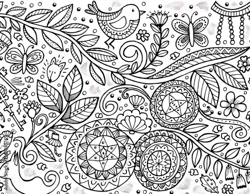 Intricate black and white floral pattern design.