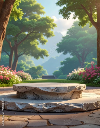 Serene garden pathway with blooming flowers and trees.
