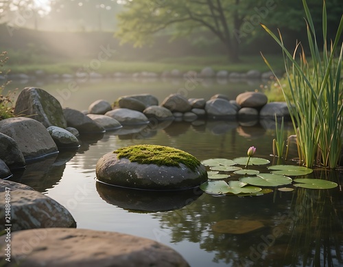Serene garden pond with colorful koi fish swimming among rocks.